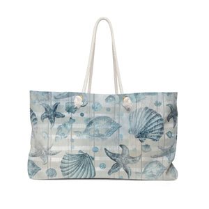 Nautical Tote Rope Handle Bag/ Beige White Stripe Watercolor Blue Seashells And Fish Coastal Tropical Large Weekender Beach Bag