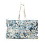 Nautical Tote Rope Handle Bag/ Beige White Stripe Watercolor Blue Seashells And Fish Coastal Tropical Large Weekender Beach Bag