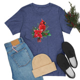 Christmas Shirts/ Red Cardinal With Pine Tree Branches, Holly And Poinsettia Winter Holiday T shirts
