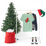 Christmas Shirts/ Red Cardinal With Pine Tree Branches, Holly And Poinsettia Winter Holiday T shirts