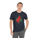 Christmas Shirts/ Red Cardinal With Pine Tree Branches, Holly And Poinsettia Winter Holiday T shirts