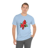 Christmas Shirts/ Red Cardinal With Pine Tree Branches, Holly And Poinsettia Winter Holiday T shirts