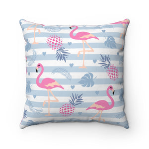 Flamingo Throw Pillow/ Striped Tropical Flamingo, Pineapple Leaves Pink And Dusty Blue Summer Décor