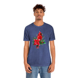 Christmas Shirts/ Red Cardinal With Pine Tree Branches, Holly And Poinsettia Winter Holiday T shirts