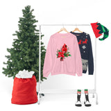 Christmas Cardinal Sweatshirt/ Red Cardinal With Pine Tree Branches, Holly And Poinsettia Winter Holiday Fleece Sweater