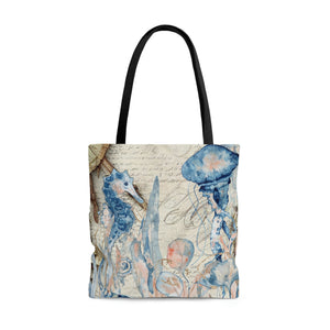 Nautical Tote Bag/ Blue Seahorse On Vintage Sailing Illustration Watercolor Coastal Tropical Large Beach Bag