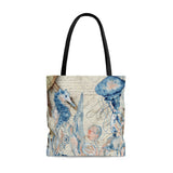 Nautical Tote Bag/ Blue Seahorse On Vintage Sailing Illustration Watercolor Coastal Tropical Large Beach Bag