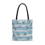 Nautical Tote Bag/ Blue Stripe Watercolor Seashell Illustration Coastal Tropical Large Beach Bag