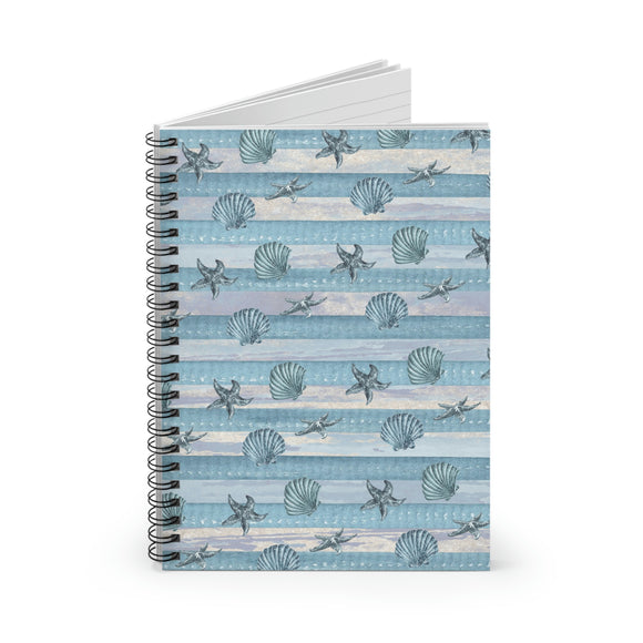 Nautical Journal/ Blue Stripe Watercolor Seashell Illustration Coastal Tropical Summer Notebook/ Diary Gift