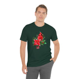 Christmas Shirts/ Red Cardinal With Pine Tree Branches, Holly And Poinsettia Winter Holiday T shirts