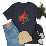 Christmas Shirts/ Red Cardinal With Pine Tree Branches, Holly And Poinsettia Winter Holiday T shirts