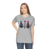 Christmas Shirts/ Watercolor Tie Dye Leopard Print Holiday Trees With Purple, Teal, Pink Bows T shirts
