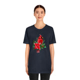 Christmas Shirts/ Red Cardinal With Pine Tree Branches, Holly And Poinsettia Winter Holiday T shirts