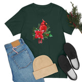 Christmas Shirts/ Red Cardinal With Pine Tree Branches, Holly And Poinsettia Winter Holiday T shirts