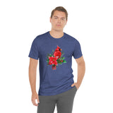 Christmas Shirts/ Red Cardinal With Pine Tree Branches, Holly And Poinsettia Winter Holiday T shirts