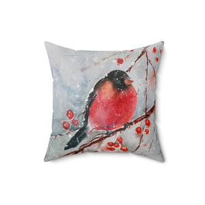 Christmas Pillow/ Watercolor Forest Snowy Winter Bird On Branch With Berries Holiday Décor