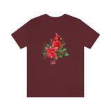 Christmas Shirts/ Red Cardinal With Pine Tree Branches, Holly And Poinsettia Winter Holiday T shirts