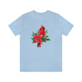 Christmas Shirts/ Red Cardinal With Pine Tree Branches, Holly And Poinsettia Winter Holiday T shirts