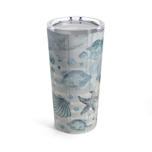 Nautical Watercolor Stainless Steel 20oz Tumbler/ Ocean Blue Seashells And Fish Weathered Wood Travel Mug Gift