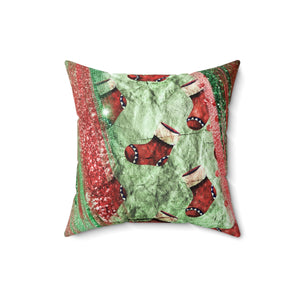 Christmas Stocking Pillow/ Red, Gold, Emerald Green Glam Glitter Imaged Distressed Parchment Holiday Décor