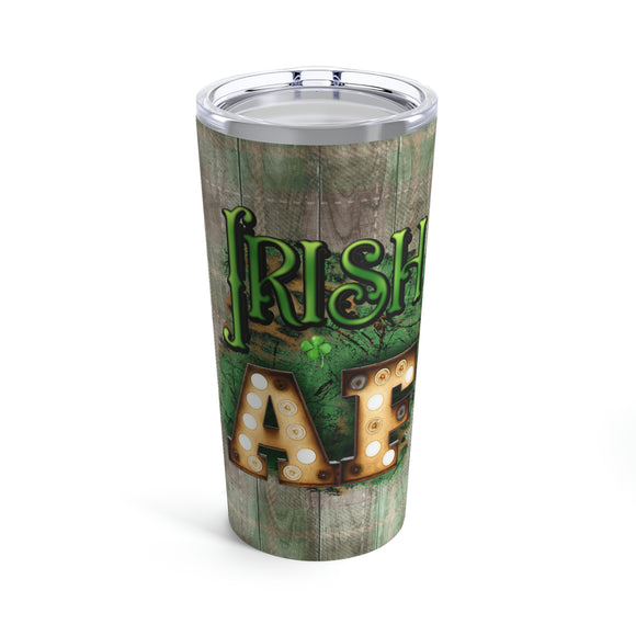 St. Patrick's Day Stainless Steel 20oz Tumbler/ Irish AF Marquee Lights And Green Argyle On Wood Travel Mug Gift