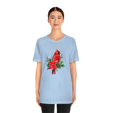 Christmas Shirts/ Red Cardinal With Pine Tree Branches, Holly And Poinsettia Winter Holiday T shirts