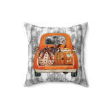 Halloween Throw Pillow/ Harvest Orange Pickup Truck With Pumpkins, Cute Ghost And Witch Decor