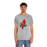 Christmas Shirts/ Red Cardinal With Pine Tree Branches, Holly And Poinsettia Winter Holiday T shirts