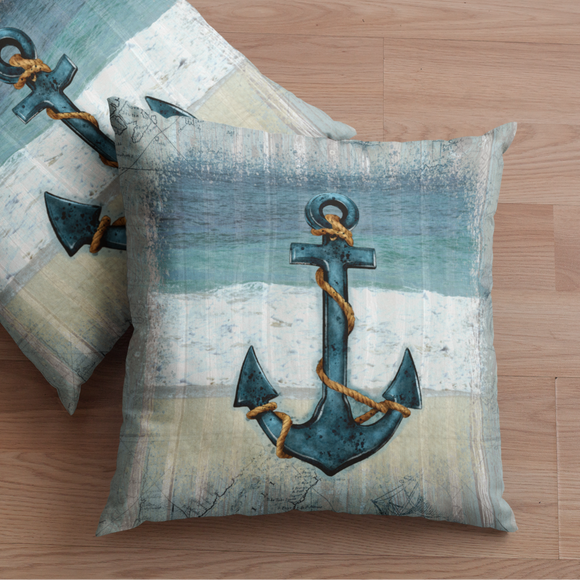 Nautical Throw Pillow/ Sailing Ship Anchor With Vintage World Map Beach Décor/ Coastal Beach Pillow Gift