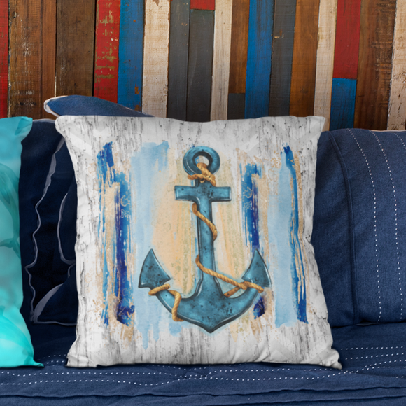 Nautical Sailing Ship Anchor Throw Pillow/ Peach And Blue Ocean Paint Strokes Watercolor Beach Décor/ Coastal Beach Pillow Gift