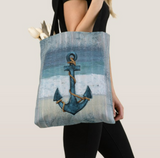 Nautical Tote Bag/ Ship Anchor, Blue Stripes And Map Coastal Tropical Large Beach Bag