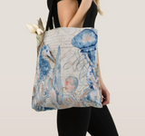 Nautical Tote Bag/ Blue Seahorse On Vintage Sailing Illustration Watercolor Coastal Tropical Large Beach Bag