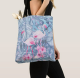 Flamingo Tote Bag/ Tropical Leaves Hibiscus Flowers Coastal Large Beach Bag