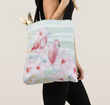 Flamingo Tote Bag/ Tropical Hibiscus Flowers Watercolor Green Stripes Coastal Large Beach Bag