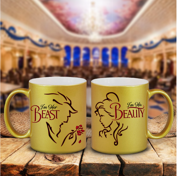 Disney Beauty Beast Couple Mugs Set/ His Hers Mr. and Mrs. Love Wedding Anniversary Engagement Gold Metallic Coffee Mug Gift