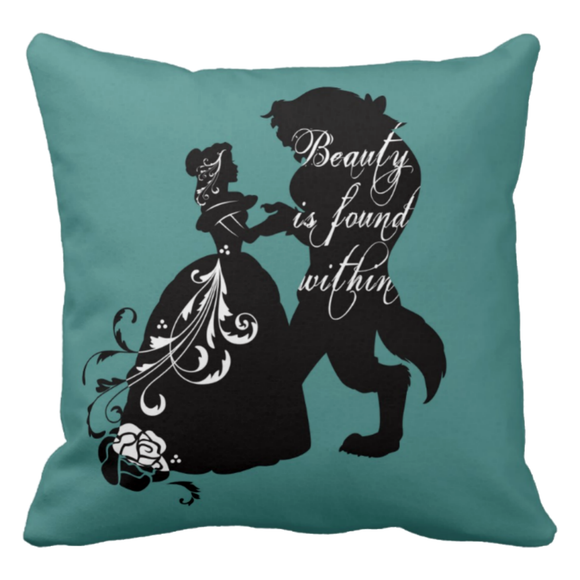 Disney Beauty And The Beast Pillow/ Disney Princess Room Décor Inspirational Quote Throw Pillow/ Belle, Beast Silhouette Teal Throw Pillow