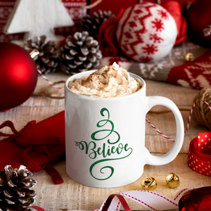 Christmas Mug/ Believe Swirly Flourish Tree Holiday Coffee Mug