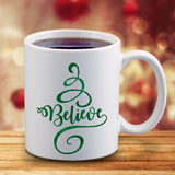 Christmas Mug/ Believe Swirly Flourish Tree Holiday Coffee Mug