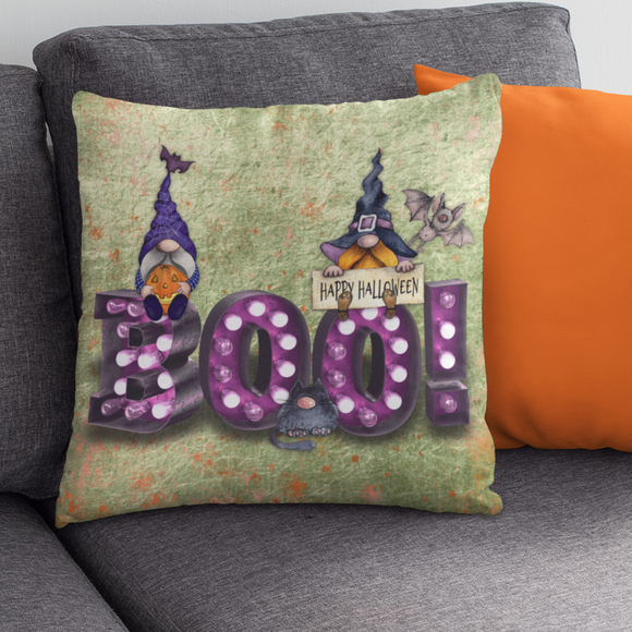 Halloween Pillow/ Cute Watercolor Gnomes And Black Cat With Purple Marquee Purple Boo Letter Lights Decor