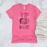 Breast Cancer Awareness Shirts/ In October We Wear Pink Butterflies, Plaid Pattern Pumpkin And Ribbon T Shirts