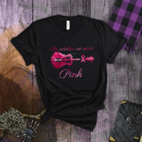 Breast Cancer Awareness Shirts/ In October We Wear Pink Guitar Landscape Lake Reflection And Ribbon T Shirts
