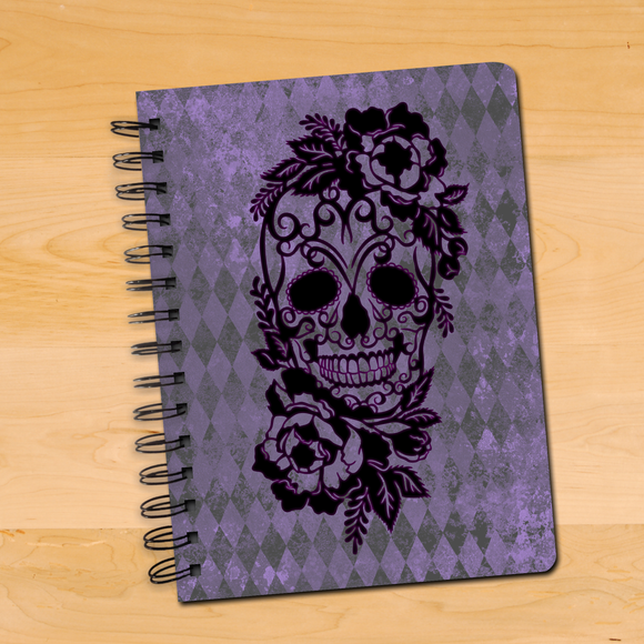 Sugar Skull Journal Gift/ Gothic Dia De Los Muertos Day Of The Dead Floral Purple Harlequin Notebook/ Diary Gift