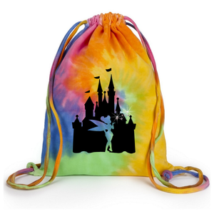 Disney Tie Dye Backpack/ Glitter Tinkerbell Drawstring Cinch Sack/ Disney Vacation Cinderella’s Castle/ Tinkerbell Silhouette Park Travel Bag