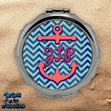 Monogrammed Nautical Compact Mirror/ Blue Chevron, Anchor Bridesmaid Compact Purse Mirror/ Custom Nautical Anchor Pocket Mirror Cosmetics Gift