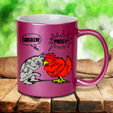 Chicken Pussy Mug / Funny Animal Cartoon Fight Pearl Metallic Coffee Mug/ Cat And Chicken Name Calling Mug Gift