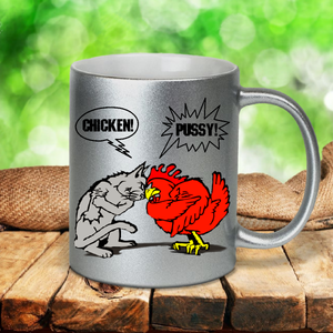 Chicken Pussy Mug / Funny Animal Cartoon Fight Pearl Metallic Coffee Mug/ Cat And Chicken Name Calling Mug Gift
