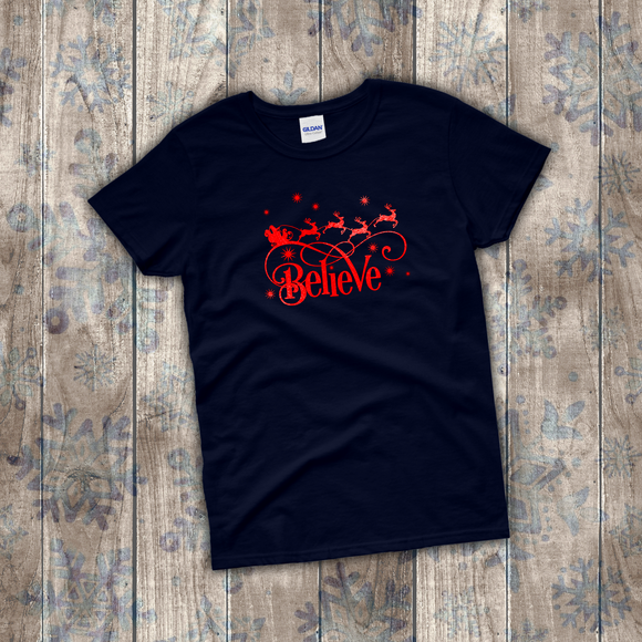 Christmas Shirts/ Snowflakes Believe In Santa T-Shirts/ Winter Red Reindeer And Sleigh Holiday Party Top Christmas Gift