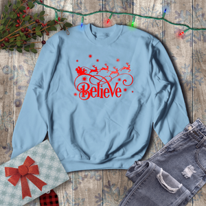 Christmas Sweatshirt/ Snowflakes Believe In Santa Shirt/ Winter Red Reindeer And Sleigh Holiday Fleece Sweater