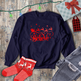 Christmas Sweatshirt/ Snowflakes Believe In Santa Shirt/ Winter Red Reindeer And Sleigh Holiday Fleece Sweater