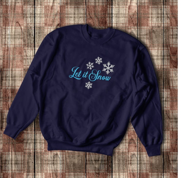 Christmas Let It Snow Sweatshirt/ Metallic Blue Snowman Shirt/ Winter Storm Holiday Filigree Snowman Fleece Sweater